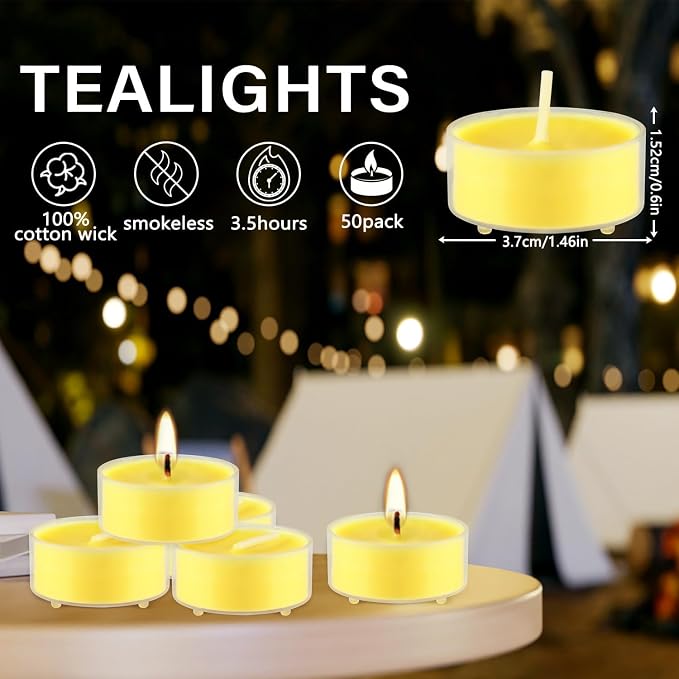 3.5-Hour 50Pack Citronella Tealight Candles, Outdoor and Indoor Summer Scented Candle,Natural Soy Wax Candle for Home Patio Garden Yard Balcony,BBQ Birthday Emergency