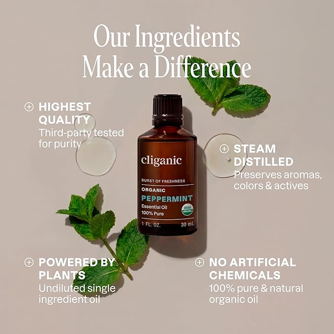 Cliganic Organic Peppermint Essential Oil - 100% Pure Natural for Aromatherapy Diffuser | Non-GMO Verified