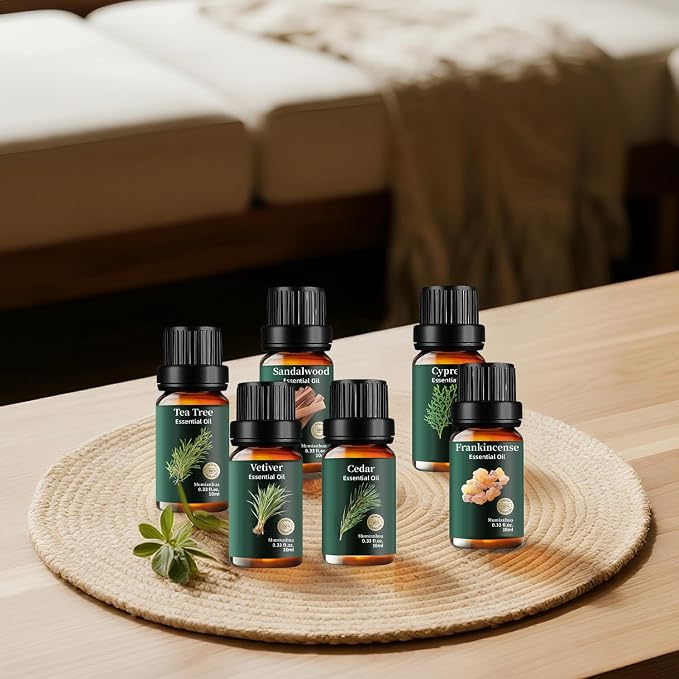 Woody Essential Oils Set, Pure Sandalwood Cedarwood Tea Tree Cypress Frankincense Vetiver – Natural Aromatherapy for Diffuser, Meditation, Candle & Soap Making – 6x10ml