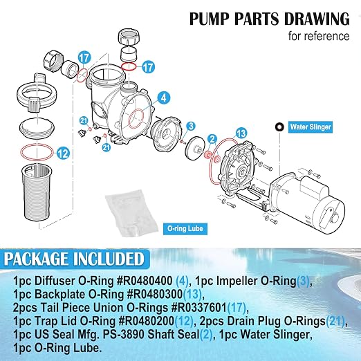 O-Ring Rebuild Repair Kit for Jandy Zodiac FHPF, FHPM, FloPro & VS FloPro Series Pool Pump, (Diffuser/Impeller/Backplate/Tail Piece Union/Trap Lid/Drain Plug) O-Rings/Water Slinger/PS-3890 Shaft Seal