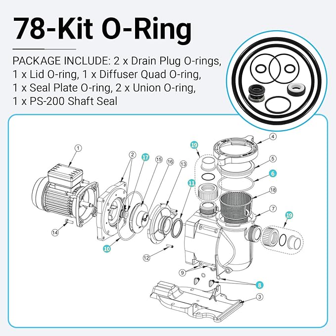 Pool Pump O-Ring Rebuild Kit Fit for Pentair SuperFlo & SuperMax Kit 78 -Includes PS-200 Shaft Seal, Lid O-Ring, Diffuser Quad Ring, Drain Plug O-Rings, Union O-Rings, Seal Plate O-Ring