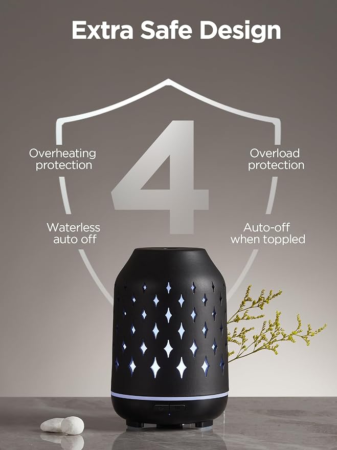 InnoGear Aromatherapy Diffuser, 150ml Ceramic Diffuser Ultrasonic Humidifier Cool Mist Essential Oil Diffusers for Home Air Diffuser with 2 Mist Modes Waterless Auto Off, Black