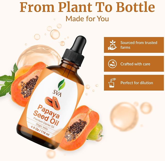 SVA Papaya Seed Oil - 4 Fl Oz – 100% Natural Cold Pressed Papaya Oil - for Face, Skin Care, Hair Care, Scalp Massage & Body Massage – Carrier Oil with Dropper
