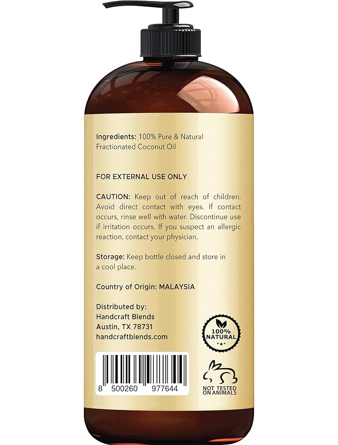 Handcraft Blends Fractionated Coconut Oil - 16 Fl Oz - 100% Pure and Natural - Premium Grade Carrier Oil for Skin, Hair and Body - Massage - Hair Tonic