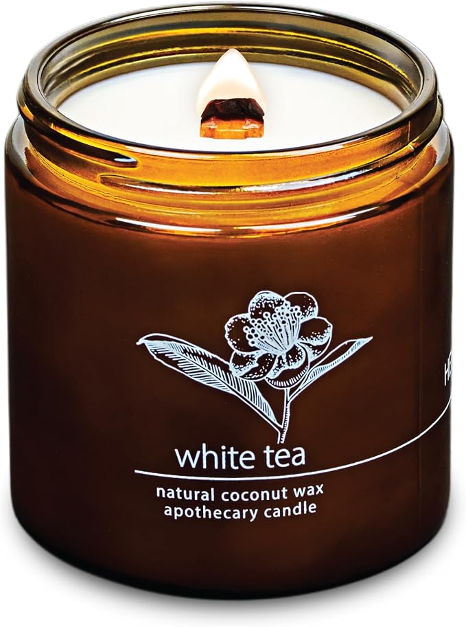 Hemlock Park White Tea Apothecary Scented Candle | Crackling Wood Wick, Botanical Fragrance & Coconut Apricot Wax | Up to 80 Hour Burn Time | 16 oz | Made in USA