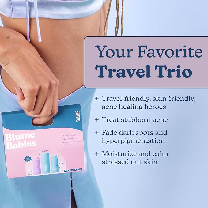 Blume Babies Travel Size Skin Care Set - Acne & Scar Treatment Travel Size Toiletries - Meltdown Acne Face Oil, Milky Fade Vitamin C Serum & Meltdown Gel Moisturizer - TSA-Approved Skincare Set (3 Ct)