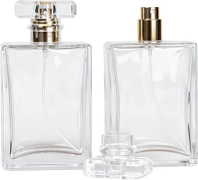 2 Pcs Clear Glass Perfume Atomizer,100ml Empty Refillable Perfume Spray Bottle for Men and Women,Portable Fragrance Fine Mist Spray Bottle Dispenser for Travel (Gold)