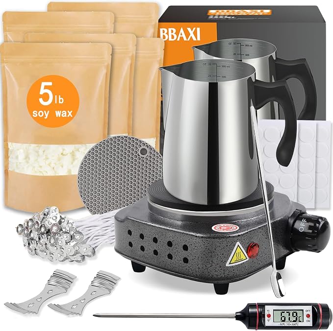 BBAXI Candle Making Kit with Hot Plate for Adults,Candle Wax Melter for Melting,Including Pouring Pot, Hot Plate,5lb Soy Wax,Stain Spoon,Cotton Wicks,Center Devices,Wick,Thermometer.