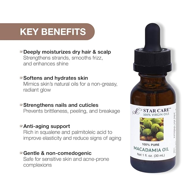 100% Pure Macadamia Oil 1 oz (30ml) Premium Virgin Macadamia Nut Oil for Hair Skin Face Nails Deeply Moisturizing Fast-Absorbing Carrier Oil with Dropper