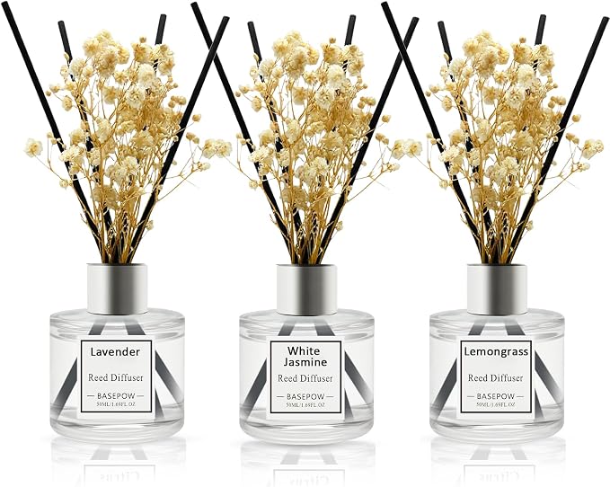 Reed Diffuser Set of 3 Pack,Lavender,White Jasmine,Lemongrass Scented Oil Diffuser with 12 Sticks,Reed Diffuser for Home Living Room Office Bathroom Air Freshener,50ml x 3