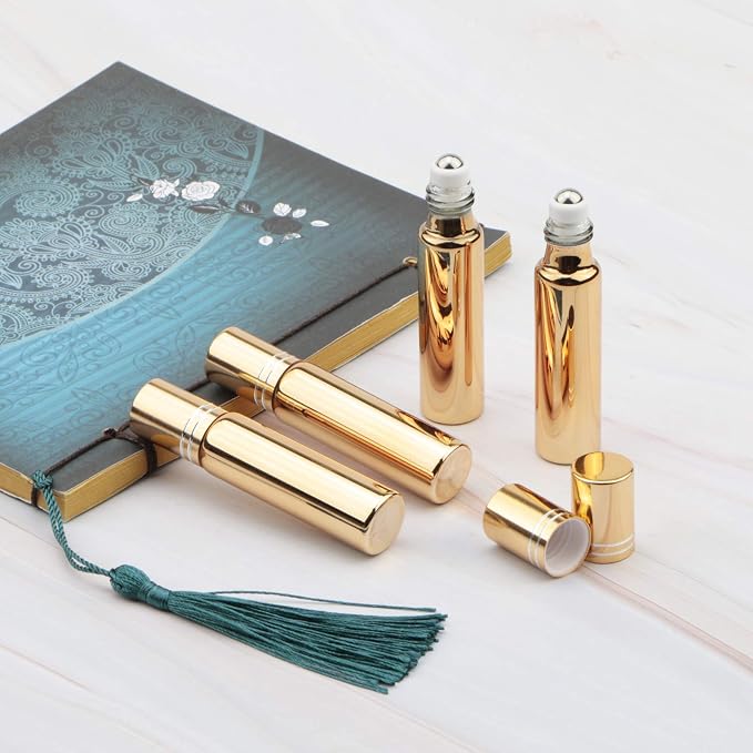 Kesell 10ml Glass Roller Bottles, 6-Pack Gold | Stainless Steel Rollerball, Perfume Vials, Empty Refillable, for Essential Oils, Aromatherapy, Travel, DIY