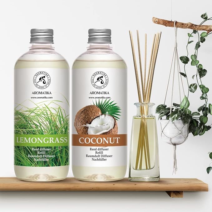 Lemongrass Reed Diffuser Refill & Reed Diffuser Refill Coconut - 2 x 17 Fl Oz - Fresh & Long Lasting Fragrance - Reed Diffuser Oil Refill for Aromatherapy - Home - Office - Restaurant