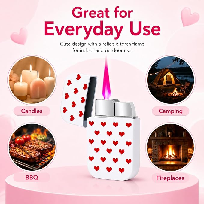 Pink Flame Torch Lighter Cute Heart Pattern Refillable Butane Windproof Pocket Lighter 60 × 35 × 11 mm Mini Portable Lighter for Women Candle BBQ Camping Kitchen Outdoor Use (Butane Not Included)