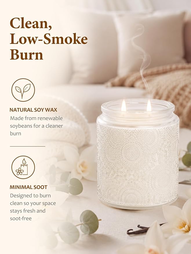 Cirhy Vanilla Scented Candle, White Candle–Home Scented Jar Candle with up to 50 Hour Burn Time, Natural Soy Wax, Dual Cotton Wicks, Aromatherapy for Sleep & Relaxation, Perfect Gifts for Women,7.4oz