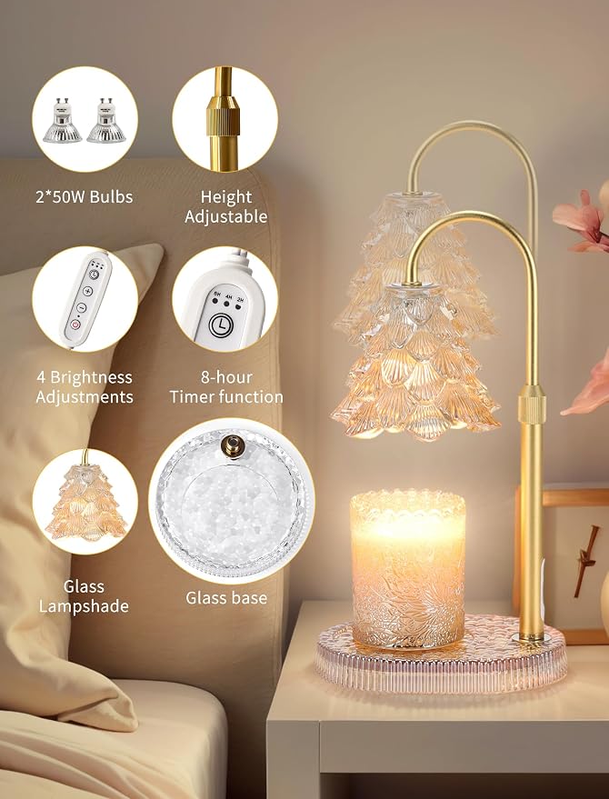 Candle Warmer Lamp with Timer & Dimmer, Crown Glass Lamp Candle Warmer for Jar Candles, 2 Bulbs, Height Adjustable Electric Wax Warmer for Elegant Home Decor (Golden Glow Tree)
