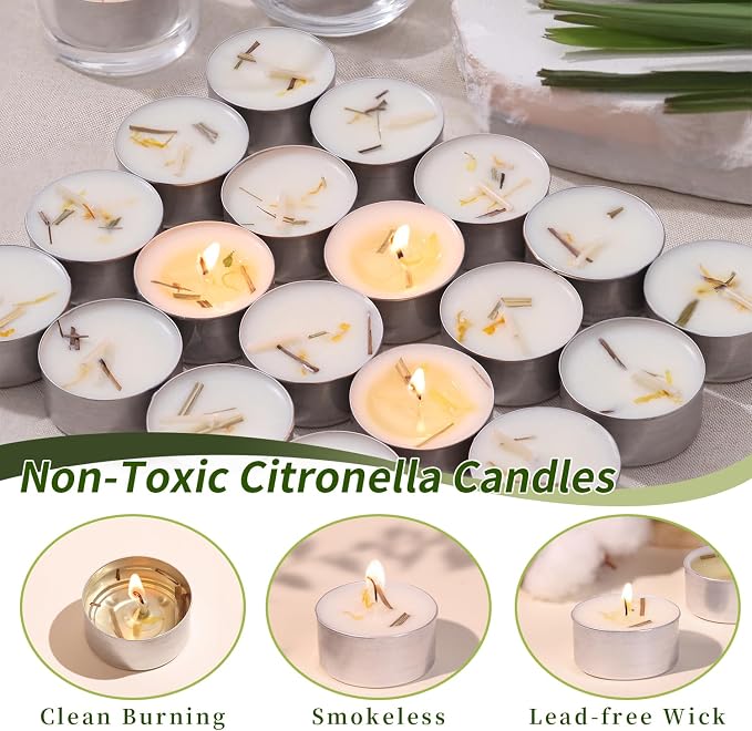 16 Pcs 6H Citronella Tealight Candles Indoor Outdoor, Decorative Scented Tealight Candles with 100% Palm Wax Base & Dried Lemongrass, Smokelss for Patio, Home, Outside Use