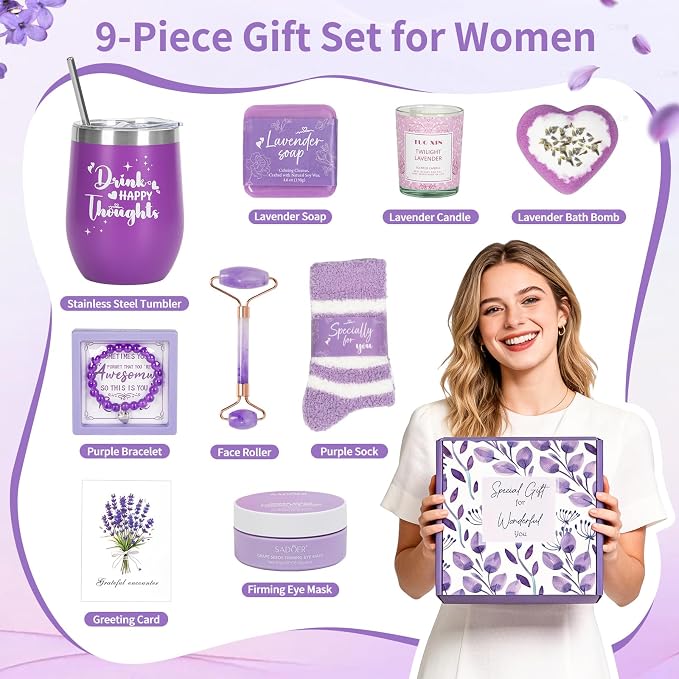 Birthday Gifts for Women, Self Care Gifts for Women, Lavender Spa Gift Basket Care Package for Her, 9-Piece Relaxing Gift Box with Tumbler, Candle, Eye Patches, Gift for Mom Wife Sister Girlfriend