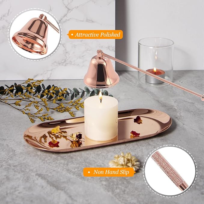 5Pcs Accessory Set with Rechargeable Electric Lighter, Storage Tray, Wick Trimmer, Snuffer, Dipper, Stainless Steel Care Kit Gift Package for Candle Lover Rose Gold