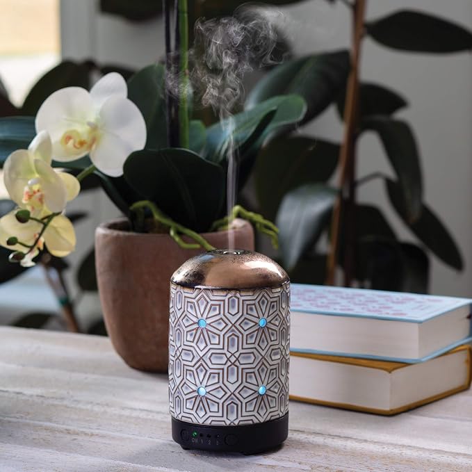 Airome Ceramic Essential Oil Diffuser with Timer|100 mL Humidifying Ultrasonic Aromatherapy Diffuser 8 Colorful LED Lights, Two Mist Modes, Timed Shut-Off, Geometric