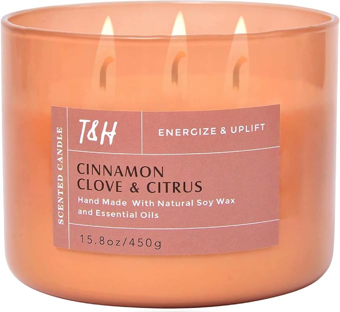 Cinnamon Clove Citrus 3-Wick Soy Candle | 15.8 oz Large Scented Candle for Home | Clean Burn Long Lasting | Spiced Lemon Lime Scent | Gift Ready