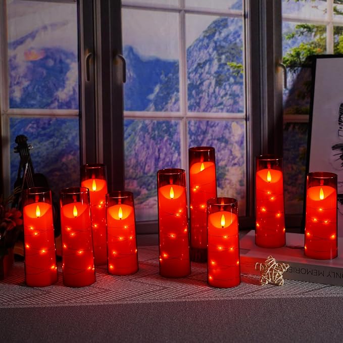Eebuss Flameless Candles with Embedded Star String, Battery Operated LED Pillar Candles with Timer and Remote Control,Home Decorating for Ambiance， Set of 9 (Red)