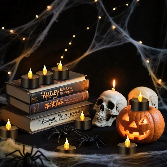 Tea Lights Battery Operated Candles LED Tea Lights Flameless Candles 200+ Hours Flickering Fake Tealights for Halloween, Christmas Aniversary Home Table Decor(Black, 50 Pack)