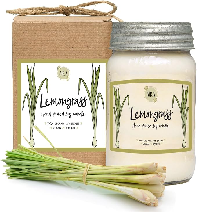Aira Soy Candles - Organic, Kosher, Vegan, in Mason Jar w/Therapeutic Grade Essential Oil Blends - Hand-Poured 100% Soy Candle Wax - Paraffin Free, Burns 110+ Hours - Lemongrass - 16 Ounces