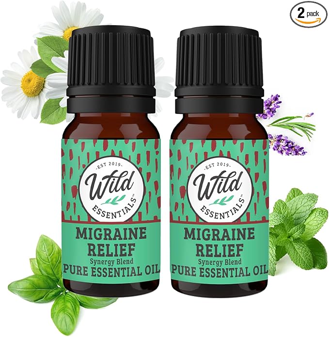 Wild Essentials Migraine Relief 100% Pure Essential Oil Synergy Blend 2 Pack 10ml, Formula for migraine Headaches, Pain, Congestion, stuffy Nose, Cold, Made in The USA