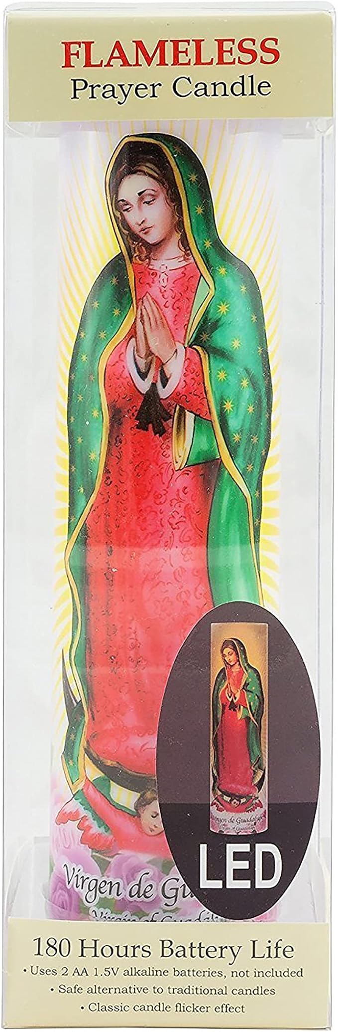 Virgin of Guadalupe Flameless LED Prayer Candle, Unique Religious Decoration, Gift Idea for Mothers Day, Birthday, or Any Holiday 8.2 Inches