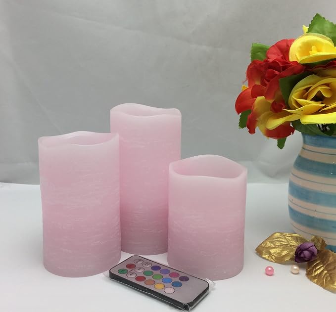 Adoria Pink Flameless LED Candles Set of 3-Real Wax Pillar Candles with Rose Scented Remote and Timer, Dia3xH4/5/6 Inch for Wedding,Party,Gift