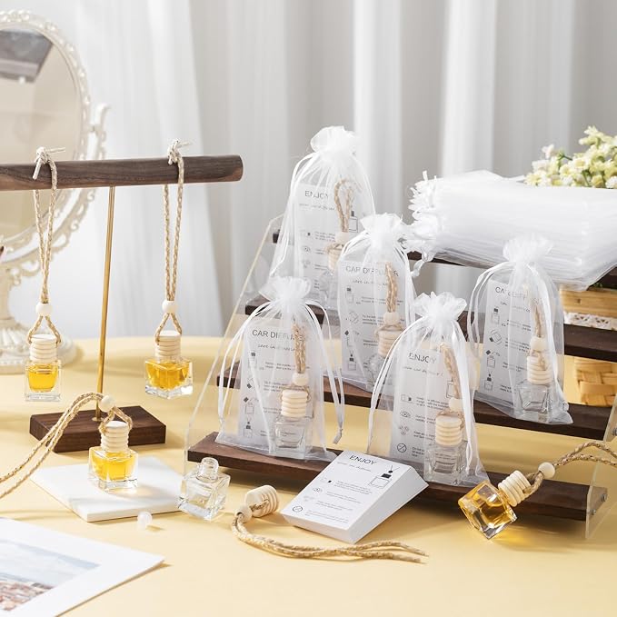 Boao 25 Sets Hanging Car Air Freshener Diffuser Bottles Empty Bulk with Car Diffuser Instruction Cards Organza Bags Glass Refillable Essential Oil Fragrance Aromatherapy Pendant (Cube, Clear)