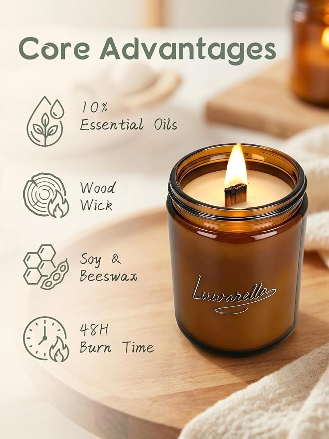 Sleep Candle Wooden Wick Soy Wax 48Hr | Natural Essential Oil Candle in Amber Glass for Nighttime Relaxation & Meditation