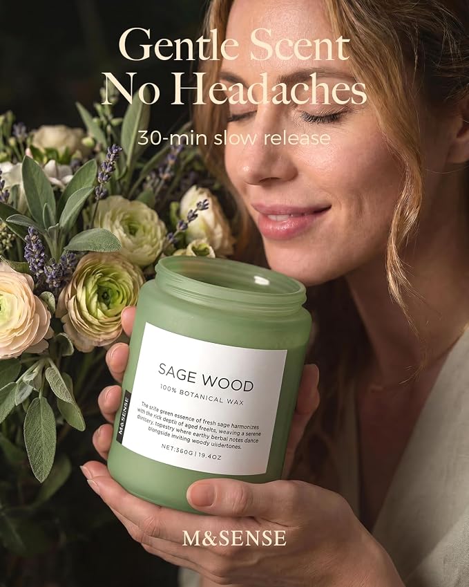 M&SENSE Sage Wood Scented Candles for Home, 19.4oz All Natural Soy Wax, 110 Hours Long Lasting, Clean Non Toxic Candle, Fresh Smelling for Relaxation Stress Relief, Fragrance Gifts for Men Women