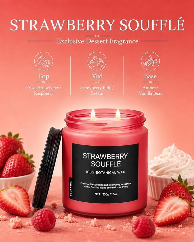 Strawberry Soufflé Home Scented Candles, 13oz Organic Soy Wax, 76-Hour Clean Burning, Natural Non-Toxic, Sweet & Fruity Gourmand Scent for Relaxation, Aromatherapy Housewarming Candle Men Women