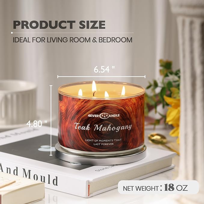 4EVER Scented Candles | 4-Wick 18oz Soy Wax Candle | Up to 50Hrs Clean Burn | Aromatherapy Candles for Home Scented | Gifts for Women & Mom, Teakwood & Mahogany