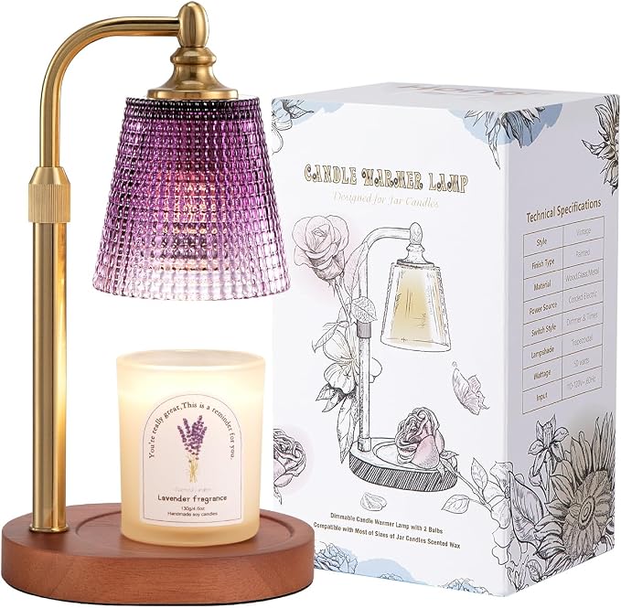 Hong-in Candle Warmer Lamp with Timer Dimmer, Birthday Gifts for Women, House Warming Gifts for New Home, Vintage Room Decor, Adjustable Height Candle Lamp, Wax Warmer for Scented Jar Candles, Purple
