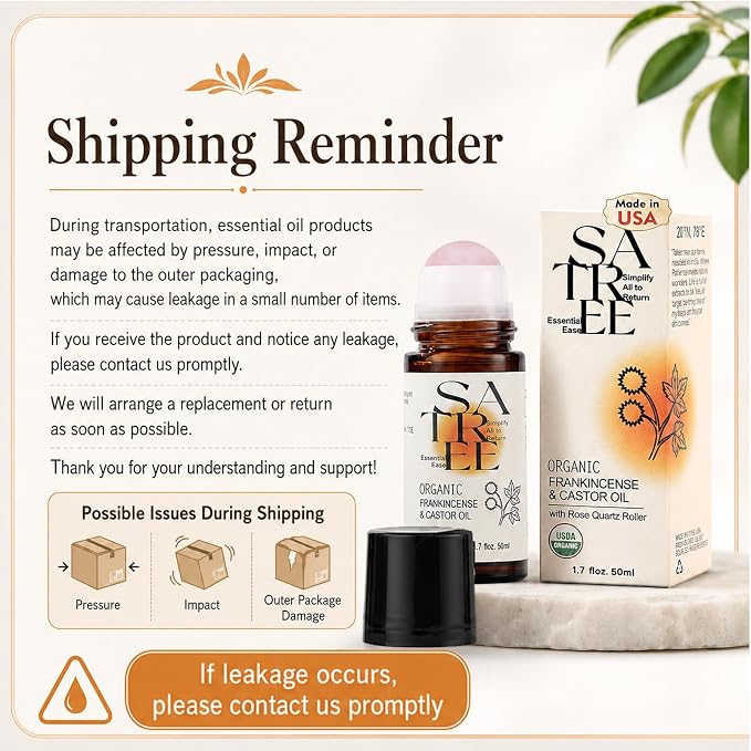 Organic Castor & Frankincense Oil with Rose Quartz Rollerball - USDA Certified Essential Blend Oil Roll-On, for Face & Body, Anti-Aging, Dark Circles (1.7fl oz)