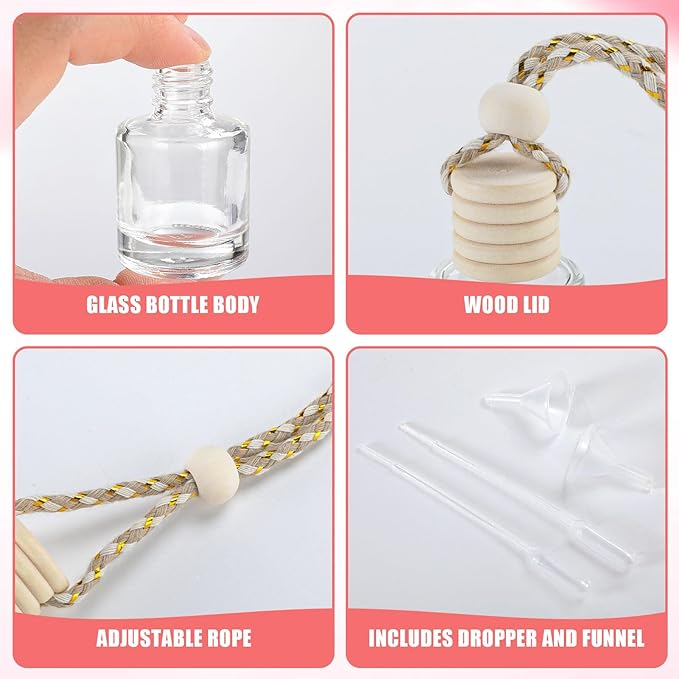 120 Pcs Car Diffuser Bottle Set with Wooden Caps,Dropper and Funnel, Empty Glass Car Air Freshener Bottle Bulk Hanging Essential Oil Fragrance Pendants for Car Decor，Can DIY Car Air Freshners Diffuser