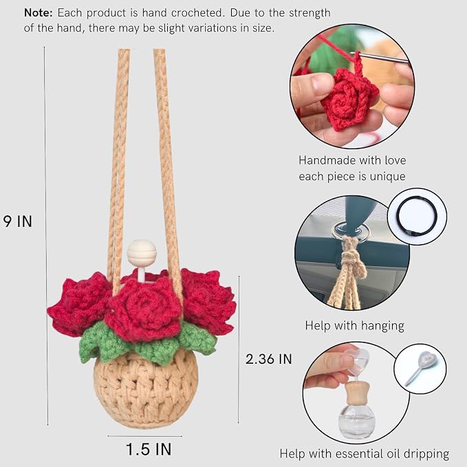 ROFIGL Handmade Crochet Hanging Car Air Freshener - Romantic Red Rose Design, 12ml Refillable Thick Glass Bottle, Car Diffuser for Rearview Mirror, Home & Office Romantic Decor