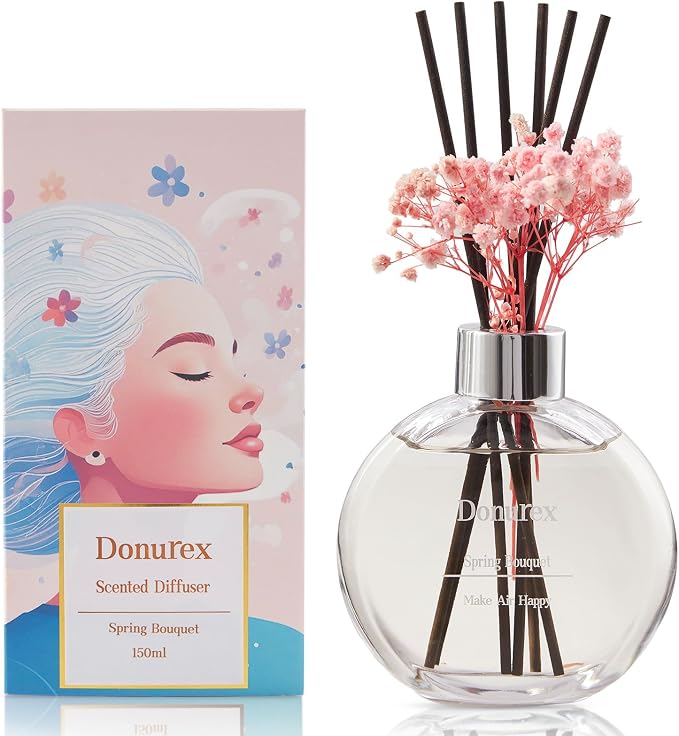 Flower Reed Diffuser Set 5.07oz Spring Bouquet Scent Diffuser with Sticks Home Fragrance Reed Diffuser for Bathroom Shelf Decor