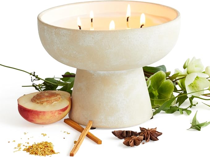 Blueme Calm Candle | Osmanthus & Sandalwood | 5 Wick - Refillable Wellness Candle with Essential Oils, Hand Finished & Poured Soy Wax Blend Ceramic Vessel, Natural Cotton Wicks | Large 24 oz
