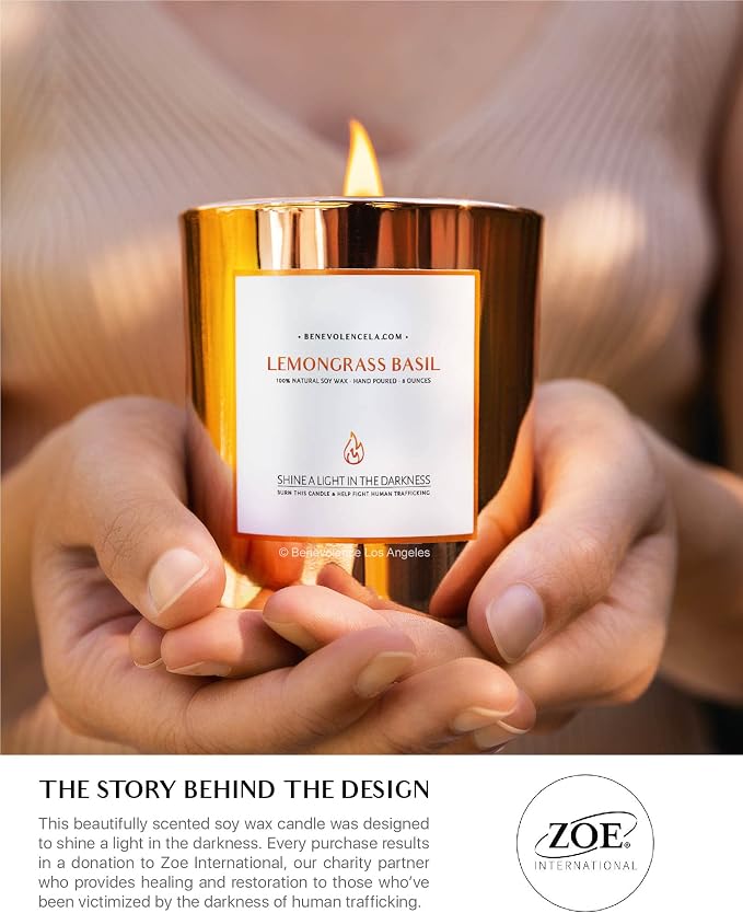 Benevolence LA Premium Lemongrass & Basil Scented Candle – Long-Lasting, 45-Hour Burn – Luxury Natural Soy Wood Wick Candle for Home – Aromatherapy & Room Decor – 8oz