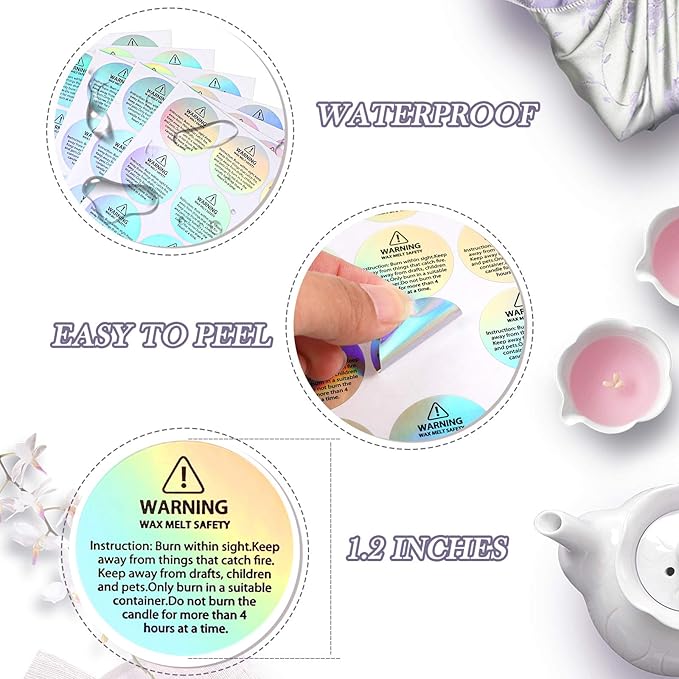 Holographic 600 Pcs Candle Warning Labels Candle Jar Container Stickers Wax Melting Safety Stickers for Jars Tins Containers Making Supplies