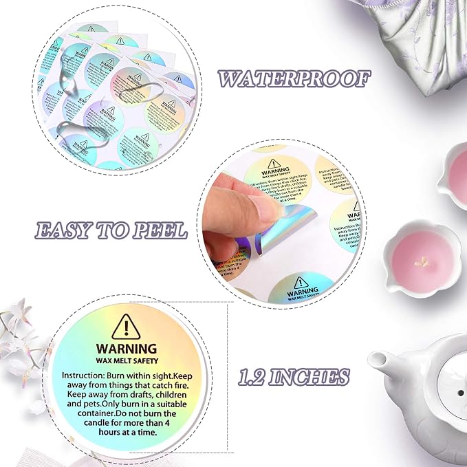Holographic 240 Pcs Candle Warning Labels Candle Jar Container Stickers Wax Melting Safety Stickers for Jars Tins Containers Making Supplies