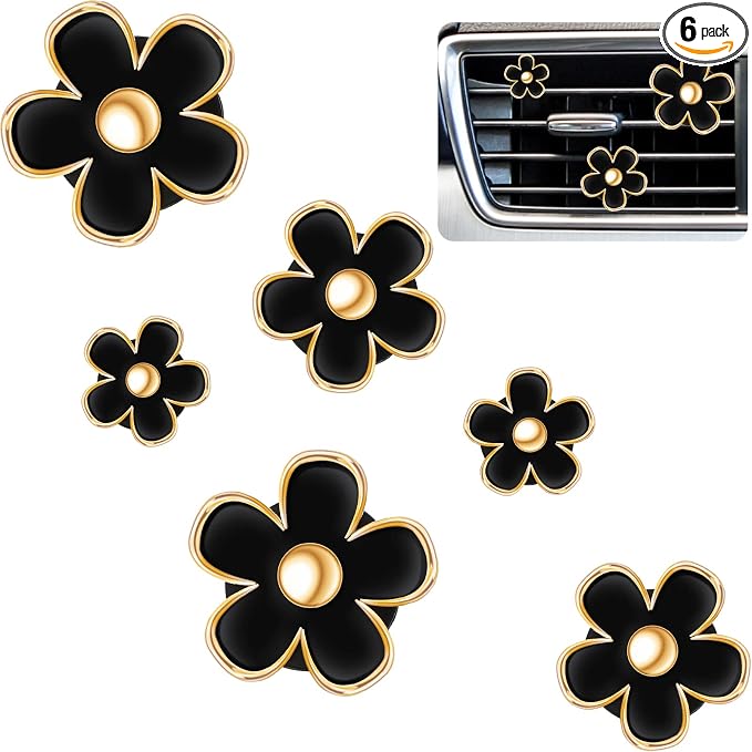 Frienda 6 Pcs Daisy Flower Air Vent Clip Accessories Air Conditioning Outlet Clip Car Air Freshener Dashboard Accessories Charm Car Inter Decor(2.5 cm, 3 cm, 3.3 cm,Black)