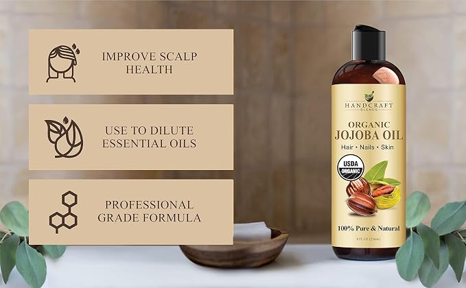 Handcraft Blends USDA Organic Jojoba Oil | Cold-Pressed | 8 Fl Oz | 100% Pure & Natural | for Hair, Skin & Face | Premium Grade Carrier Oil | for Massage & Aromatherapy | Hexane-Free