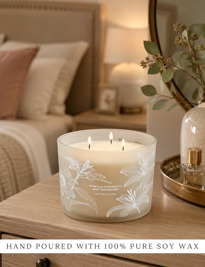 Vanilla Coconut Buttercream Candle | Large 3 Wick Scented Soy Candle for Home | 14.5oz Vanilla Coconut Aromatherapy Candle | Vanilla Cupcake Candle | Long Lasting Clean Burn | Gift for Women & Men