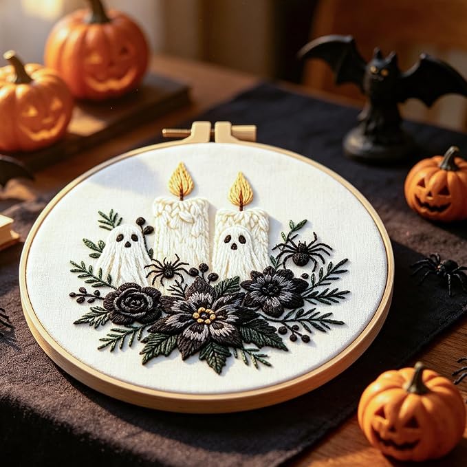 FONNUY Halloween Embroidery Kits for Beginners,Skull Pumpkin Spider Web Floral Stamped Cross Stitch Kit for Adults, Spooky Season Boho Wall Decor, 8'' Hoop (Candles)