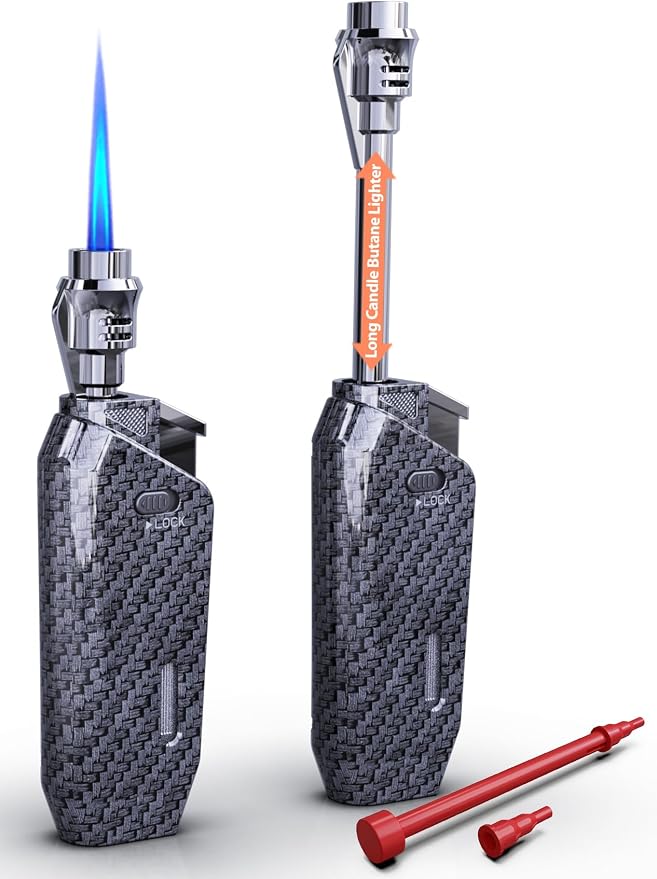 Butane Torch Lighter Jet Flame, Windproof Torch Lighter Refillable, Adjustable Butane Lighters for Candle Fireplace Camping BBQ Lighters Gift for Man Women, with Extended Tip, 2 Pack (Without Fuel)