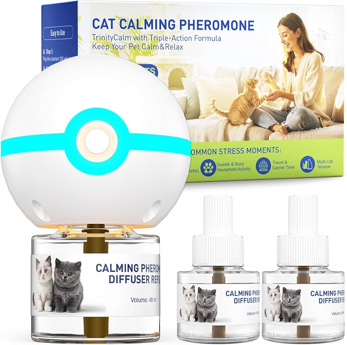 SHIORI TrinityCalm Cat Calming Diffuser Kit, Advanced 3-in-1 Pheromone & L-Theanine System for Multi-Cat Stress, Spraying, Fighting & Hiding, 60-Day Starter Kit